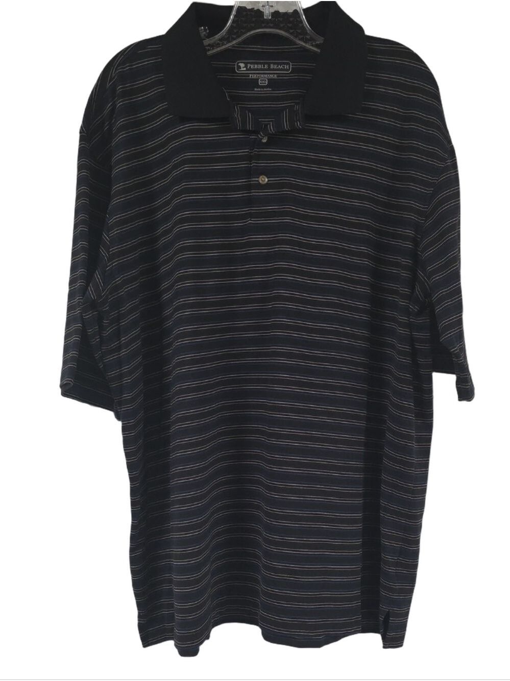 Pebble Beach Performance Men's Golf Polo, Black Blue Pin Striped Shirt, Size XXL